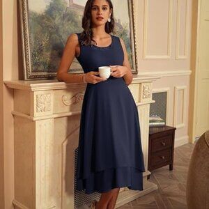NWOT Grace Karin Sleeveless Sequin Detail Layered Chiffon Dress Navy Blue 14